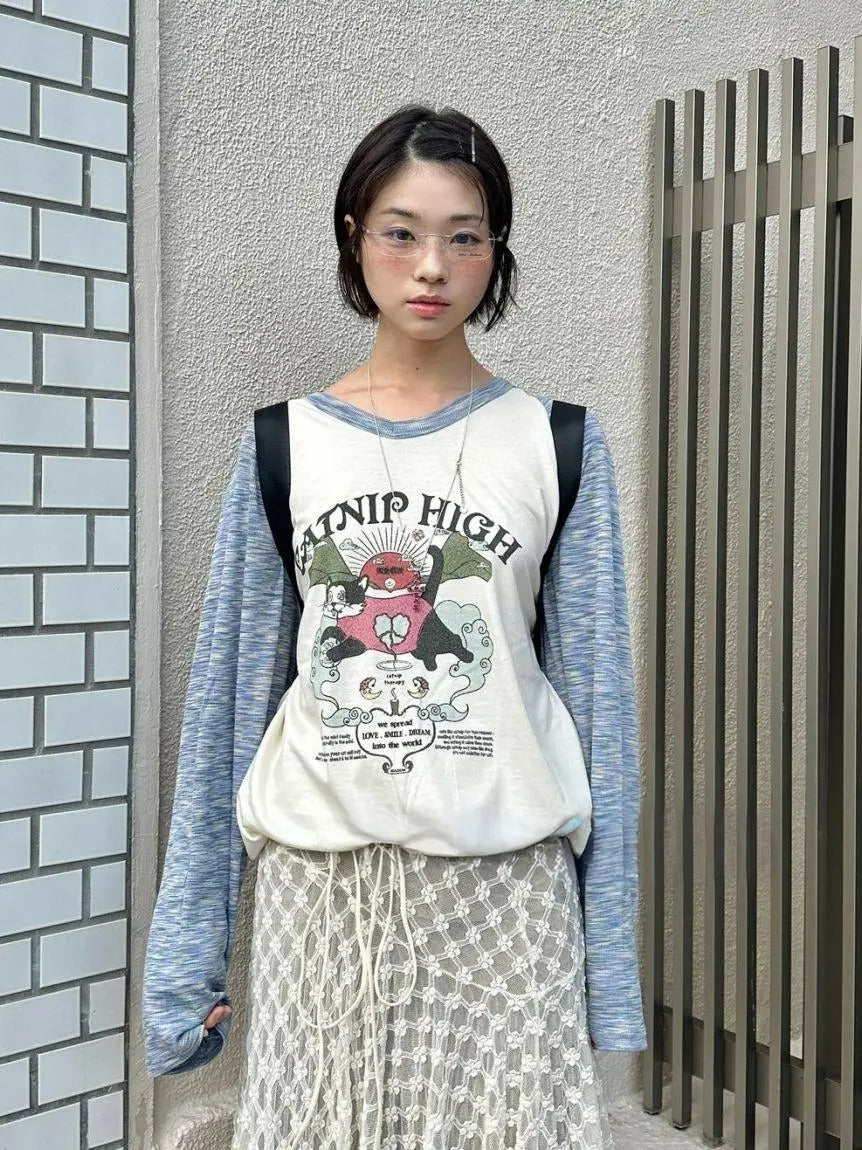 Melange raglan sleeve cat print T-shirt_N81943