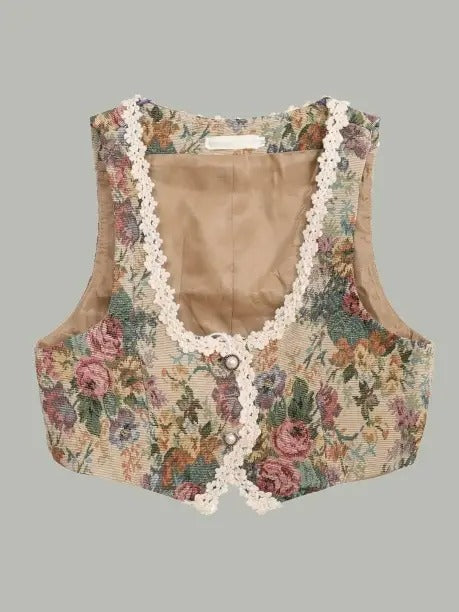 Lace point retro flower print vest_N81962