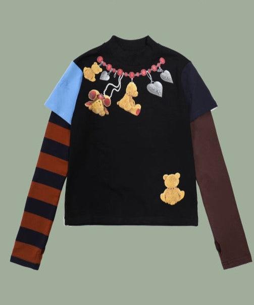 Cute stripe bear necklace print versatile slimming T-shirt