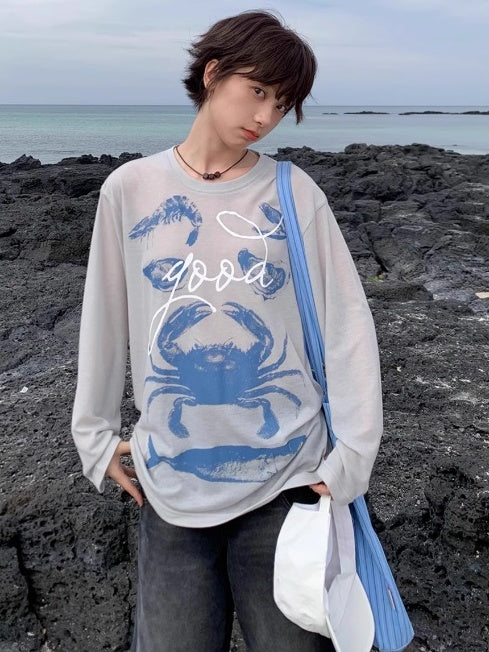 Seafood Print Long-Sleeved Tops_N81867