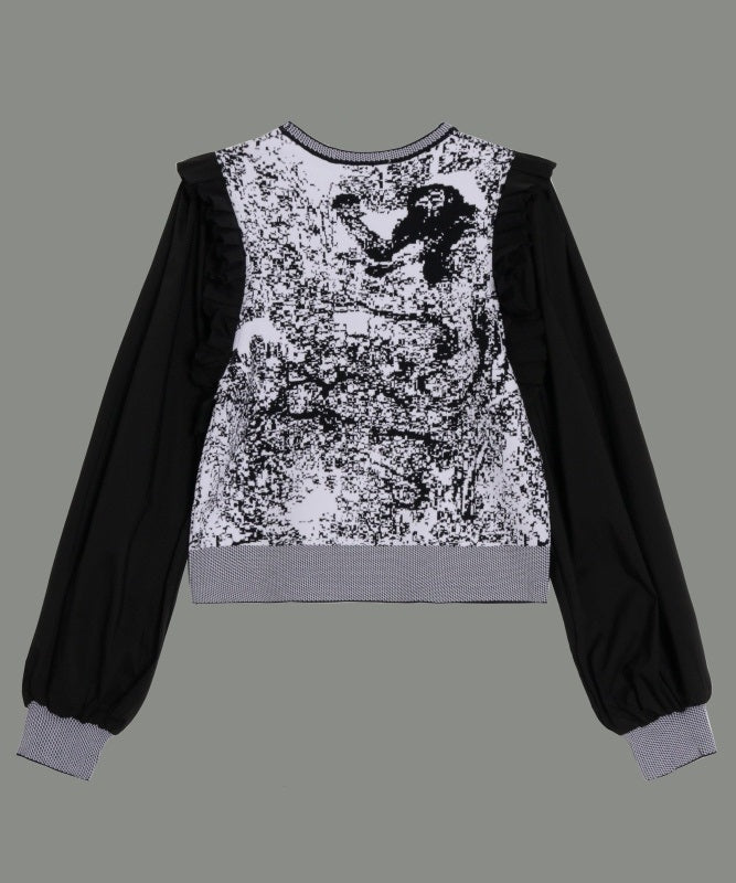 Ink painting print puff sleeve knitted sweater_N81966