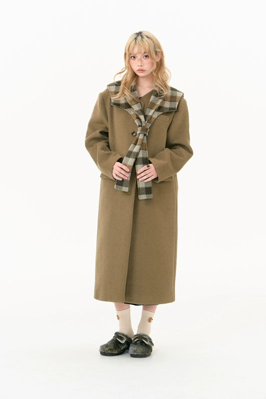 Plaid collar tweed long coat