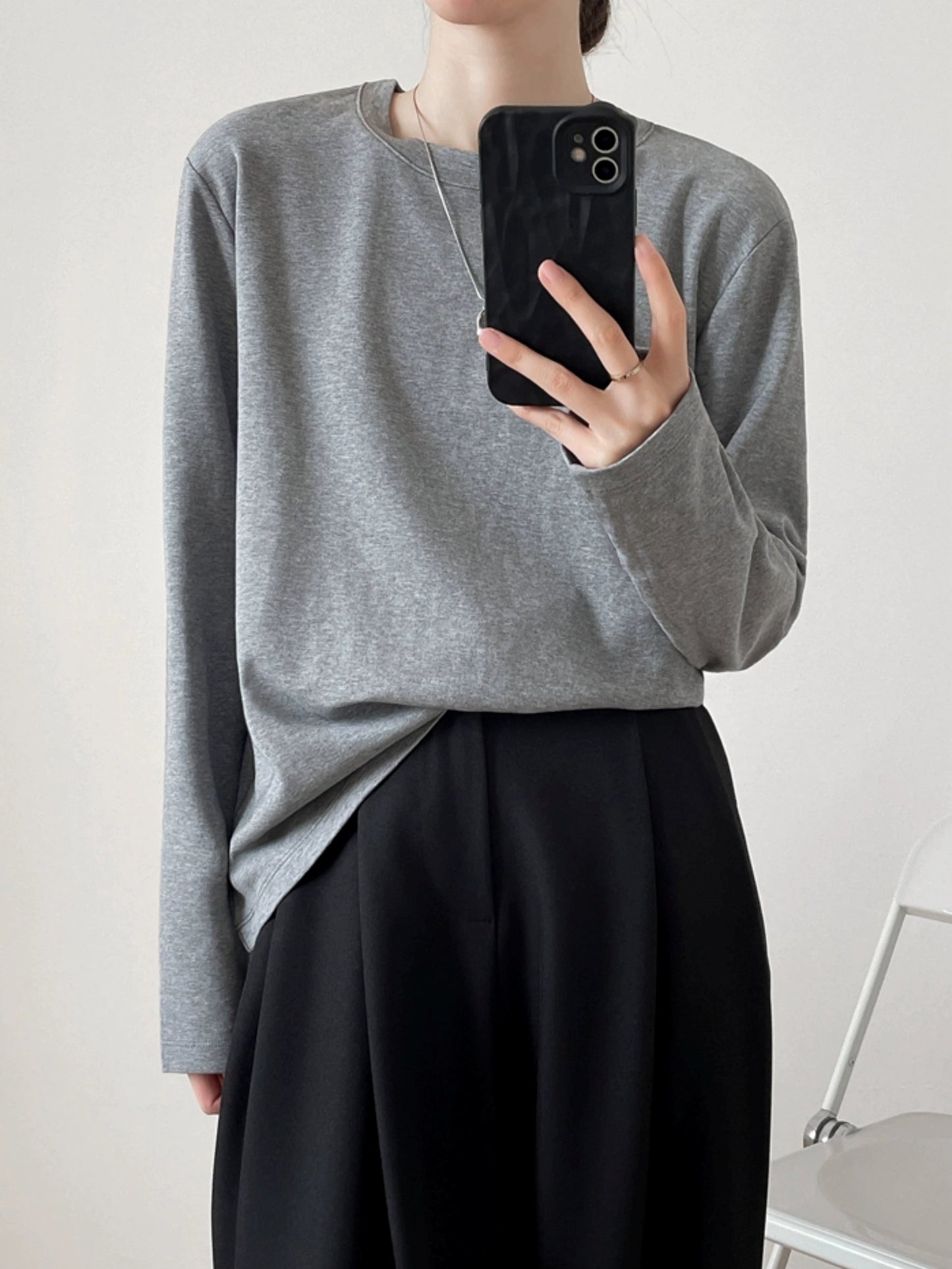 Simple crewneck long sleeved T-shirt_N81952