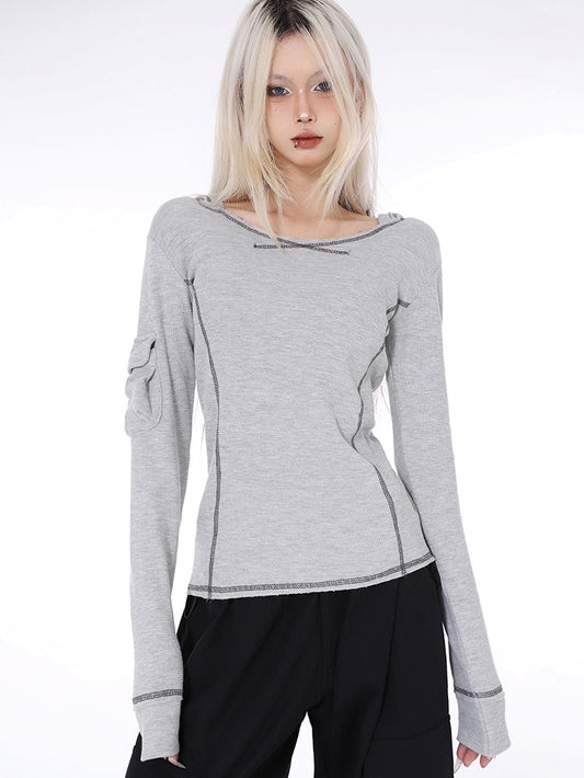 Outstitching hooded long sleeve T-shirt_N81989