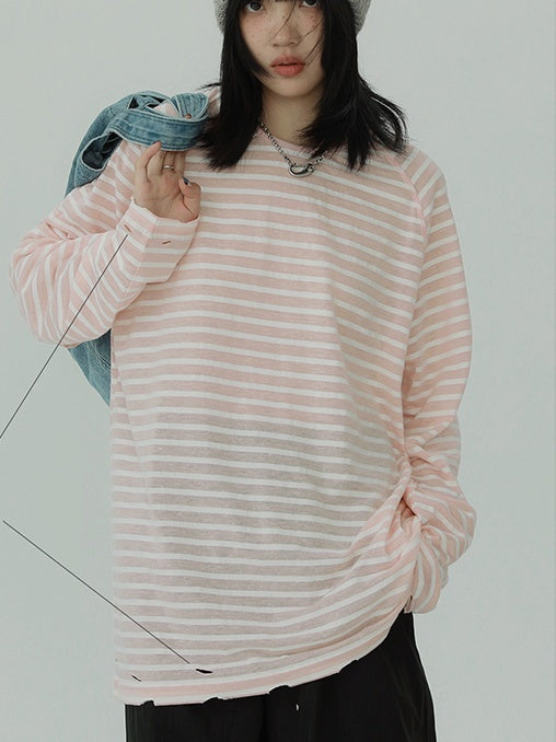 Stripe Round Neck Tops_N81897