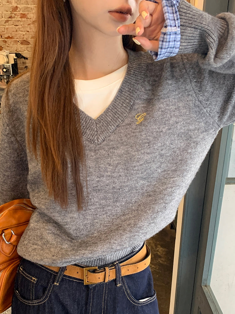 V-neck layered knit sweater_N82079