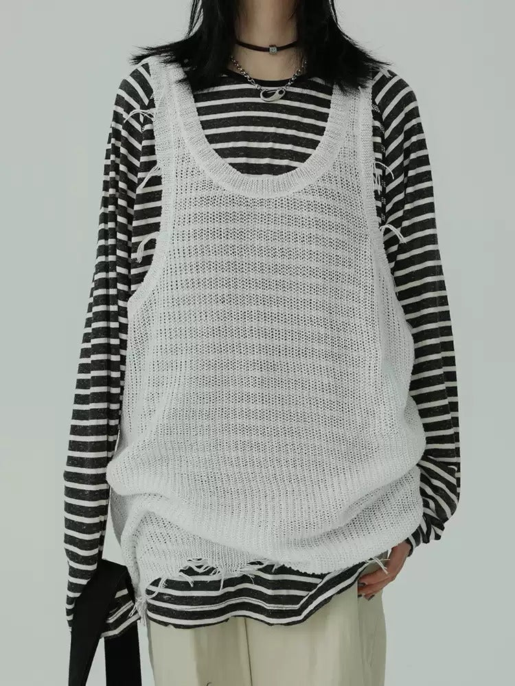 Stripe Round Neck Tops_N81897