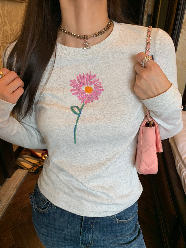 Rhinestone flower print long sleeves t-shirt_N82073