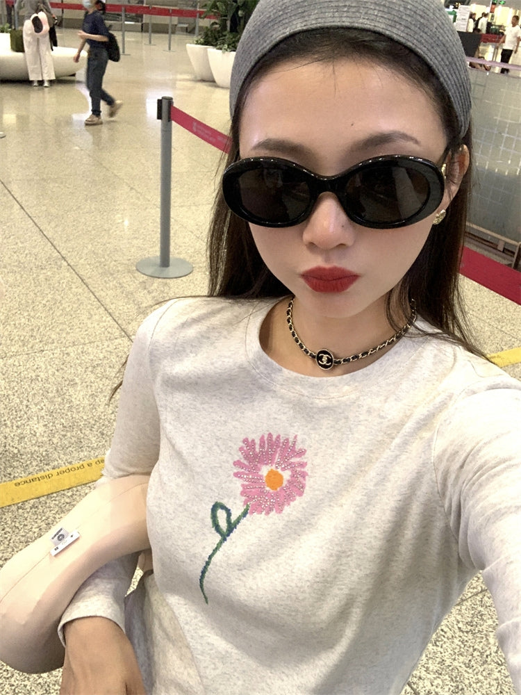 Rhinestone flower print long sleeves t-shirt_N82073