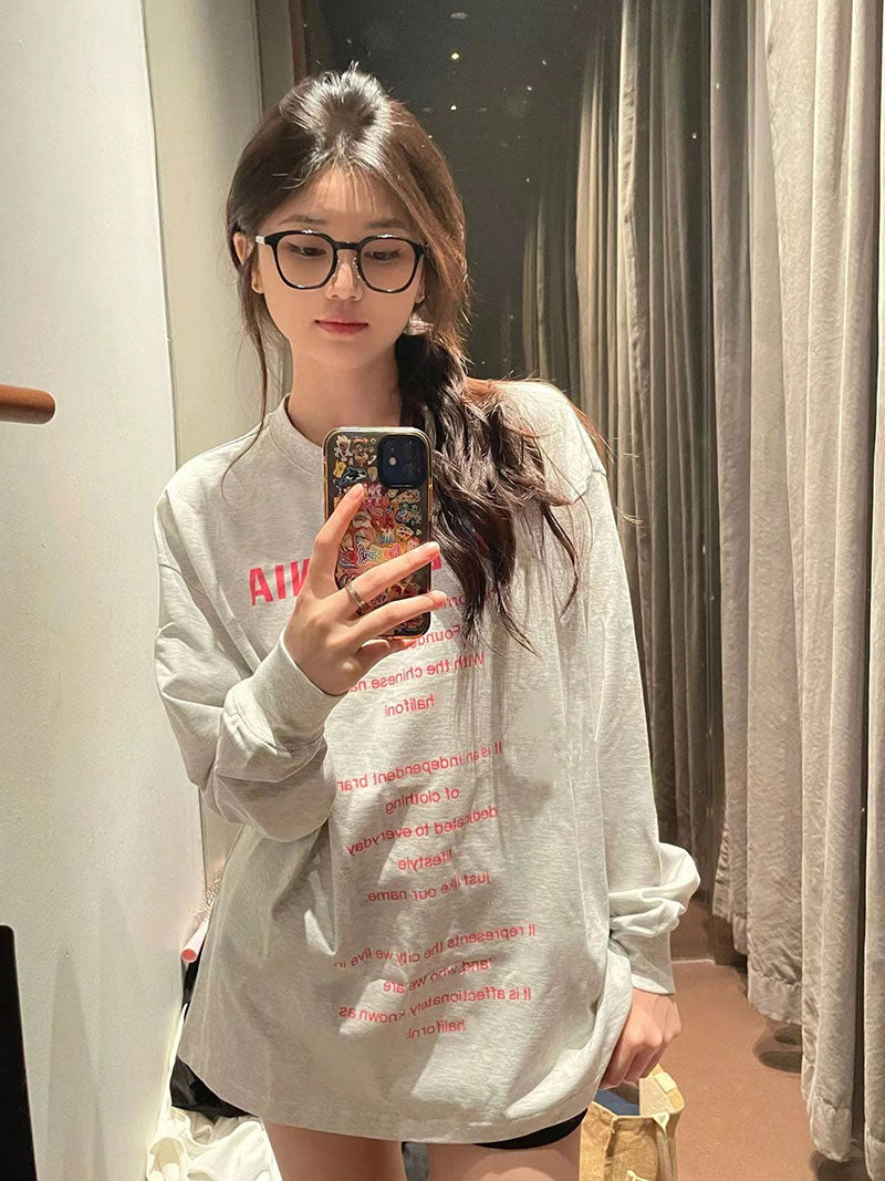 Letter print long sleeved loose T-shirt_N82059