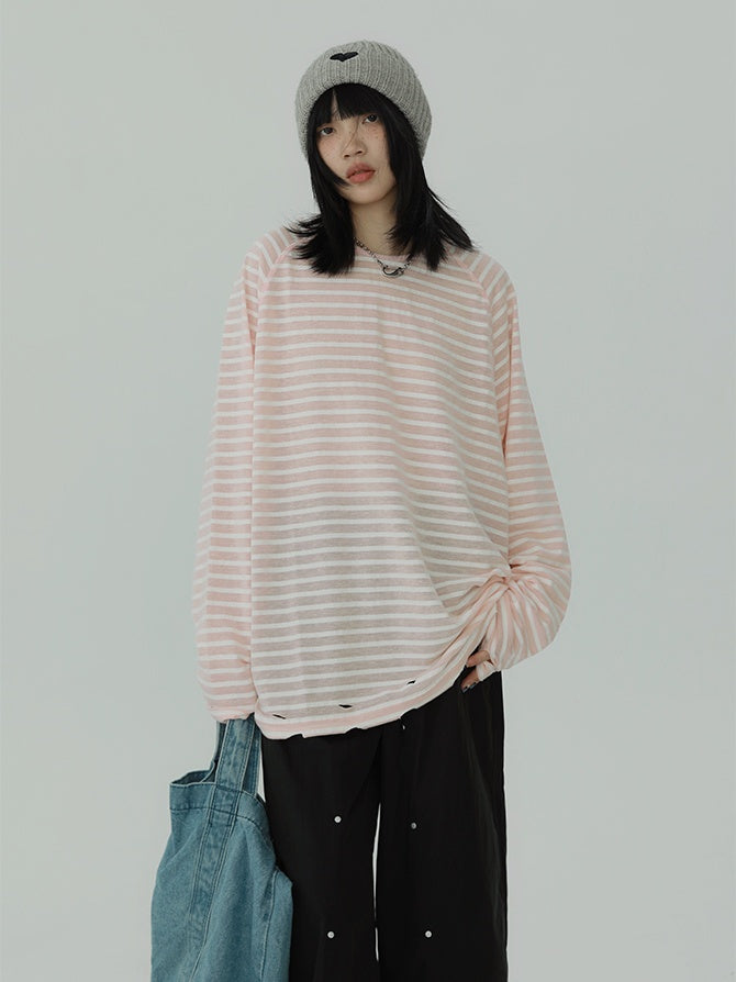 Stripe Round Neck Tops_N81897