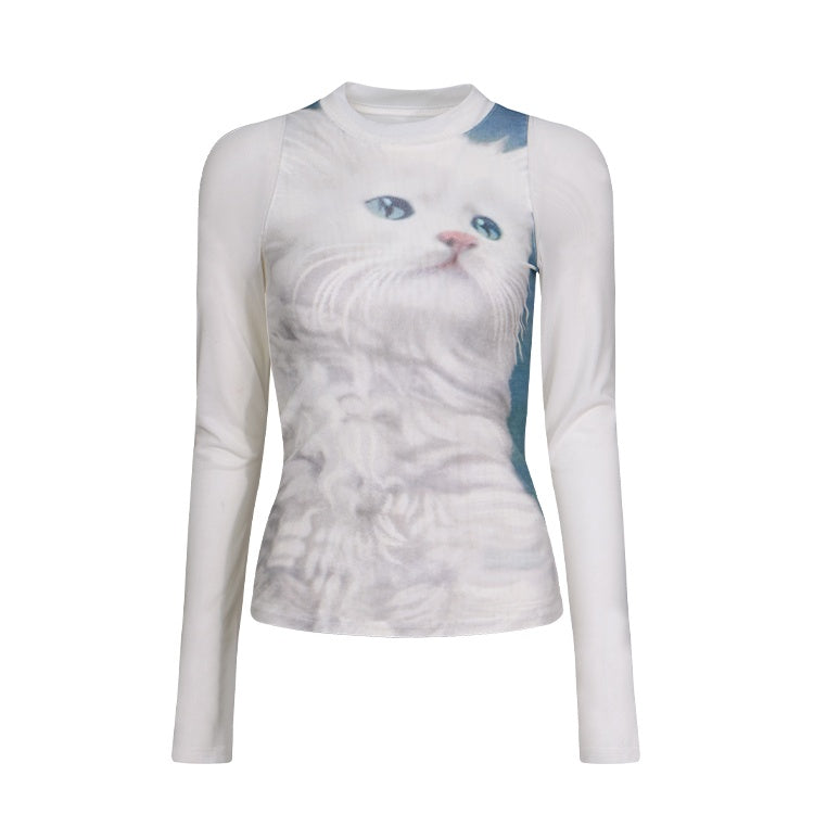 Cat print slim fit crew neck long sleeve T-shirt_N82005