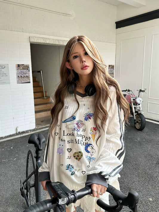 Cute print Oversize long sleeve jersey tops_N81939