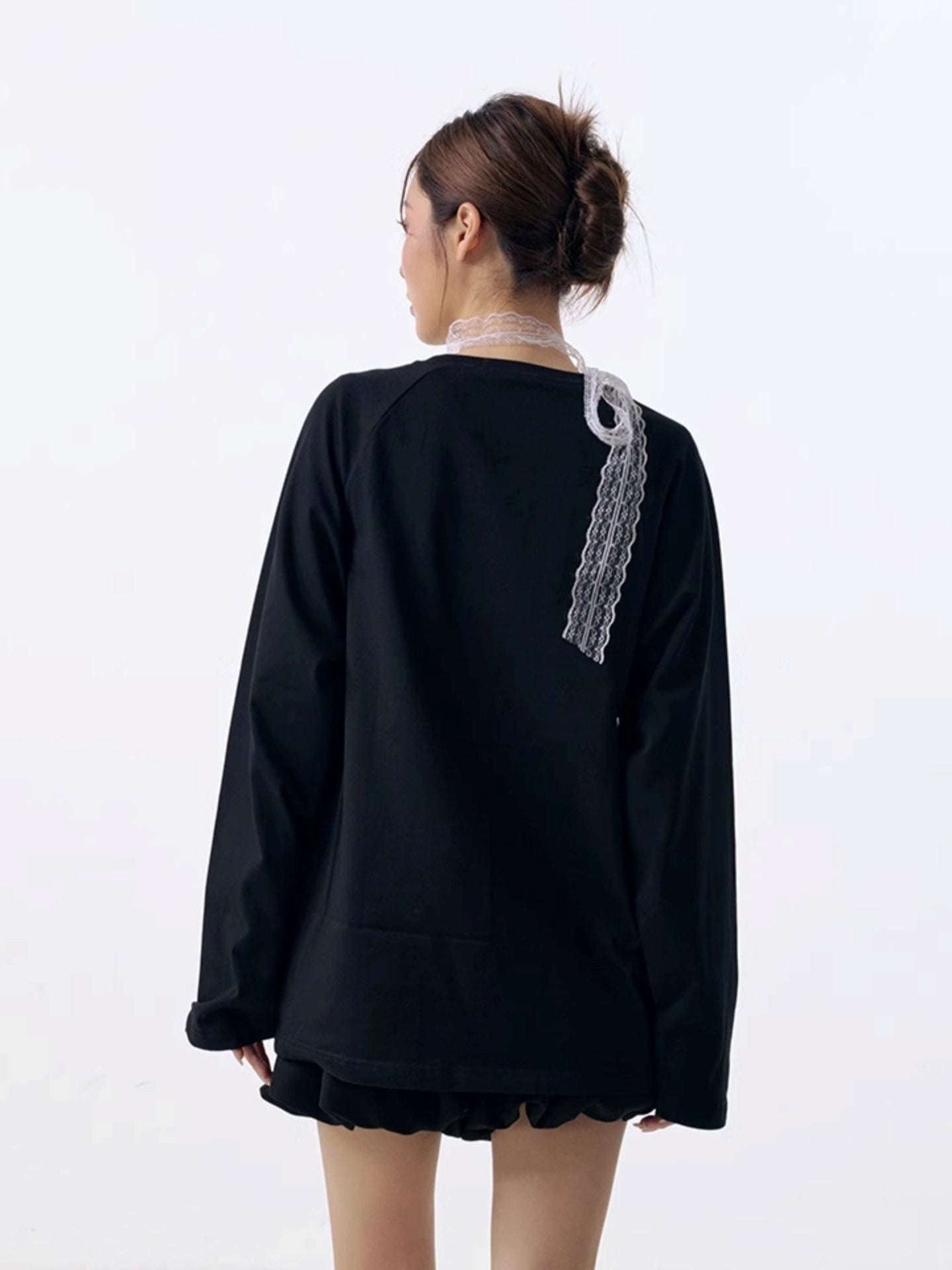 Lace stitching raglan long sleeve T-shirt_N82003