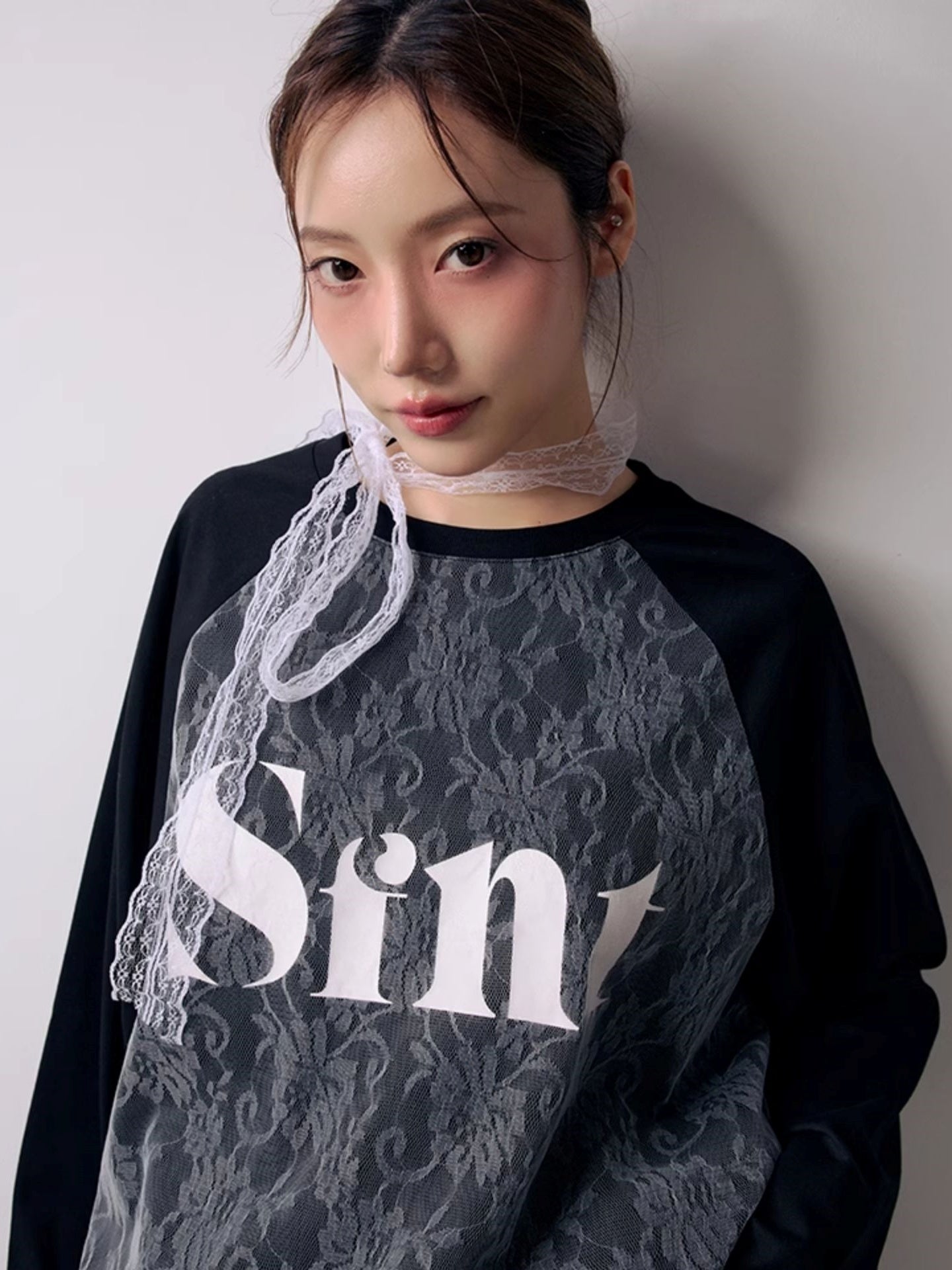 Lace stitching raglan long sleeve T-shirt_N82003