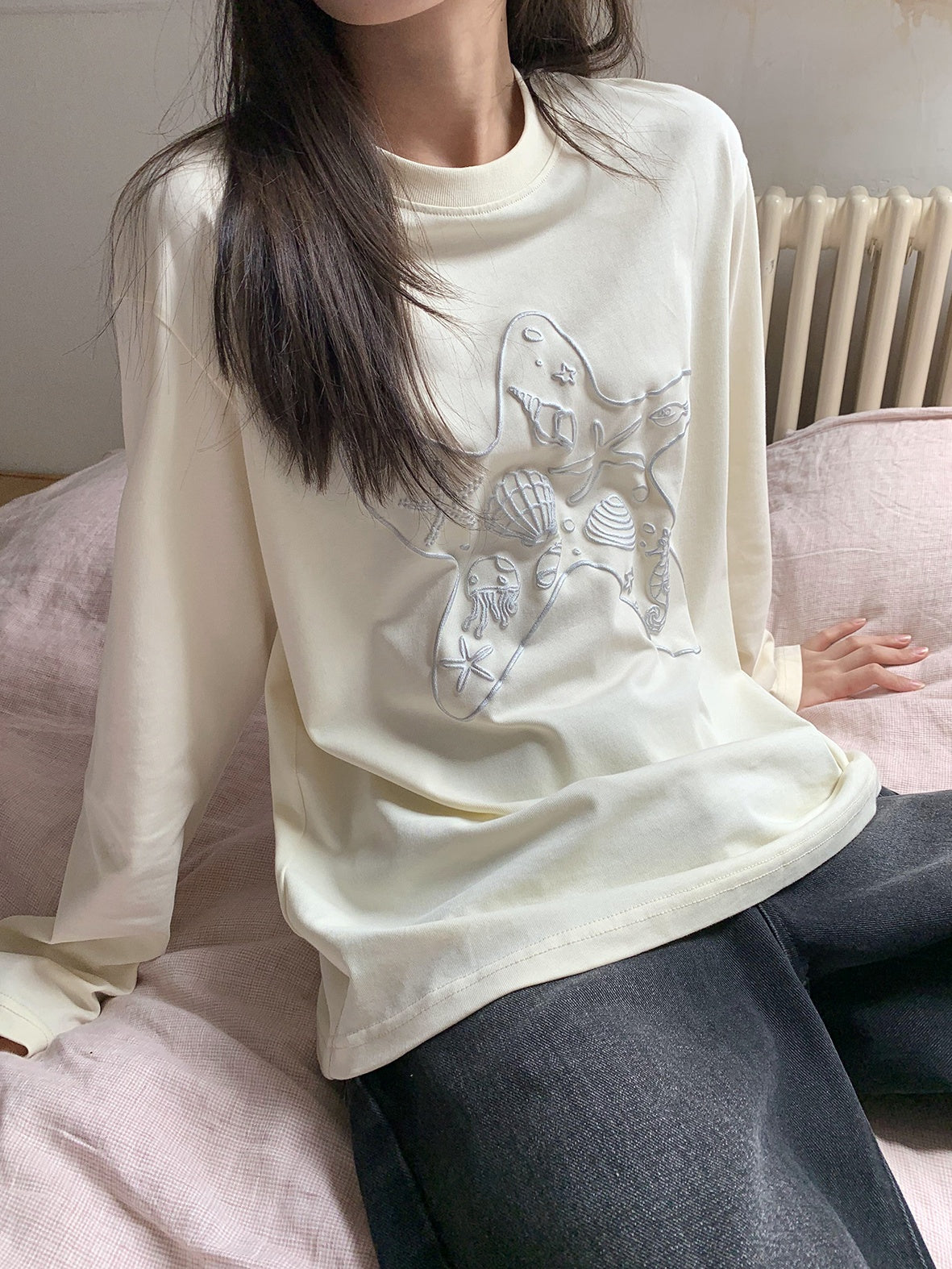 Loose Marine Print Long Sleeve T-Shirt_N81912