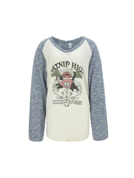 Melange raglan sleeve cat print T-shirt_N81943