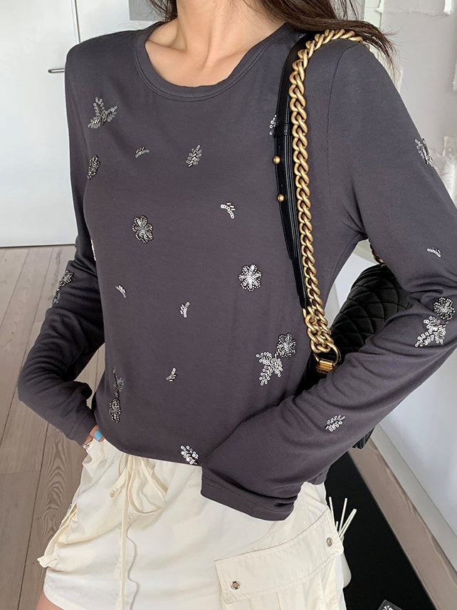 Beaded Slim Round Neck Tops_N81854