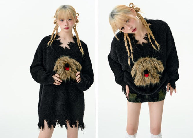 Puppy V-neck Loose Knitted Sweater