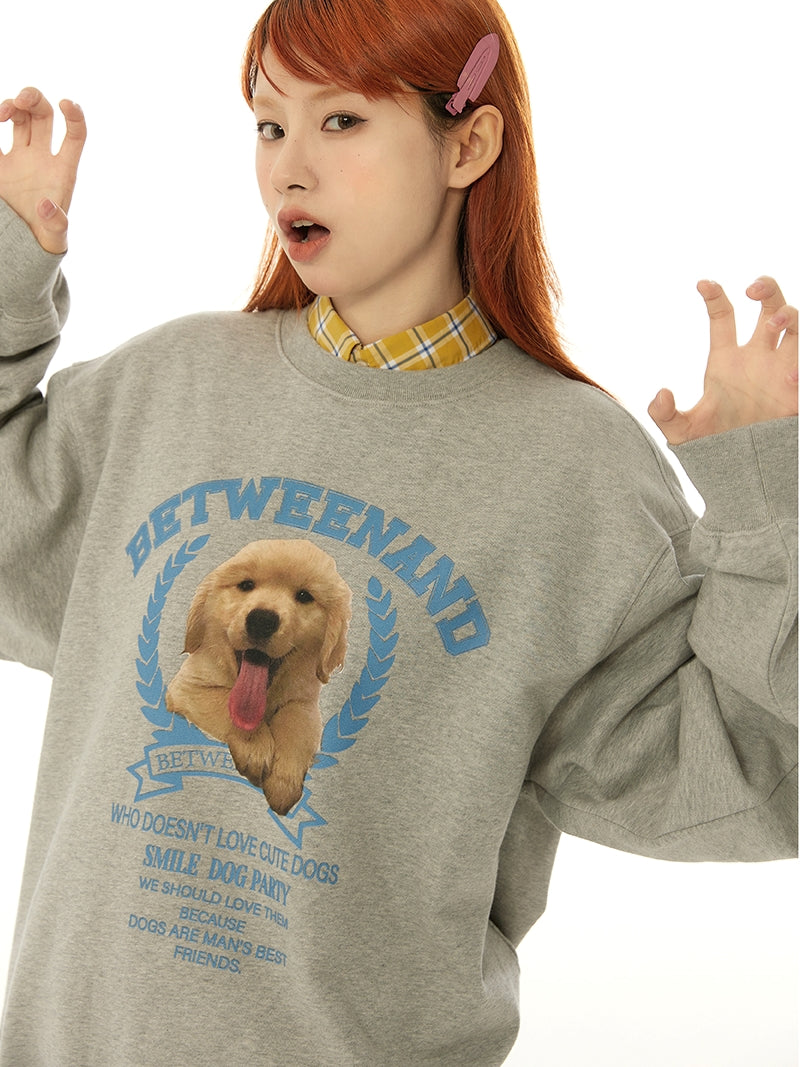 Cute puppy print loose pullover sweatshirt_N82070