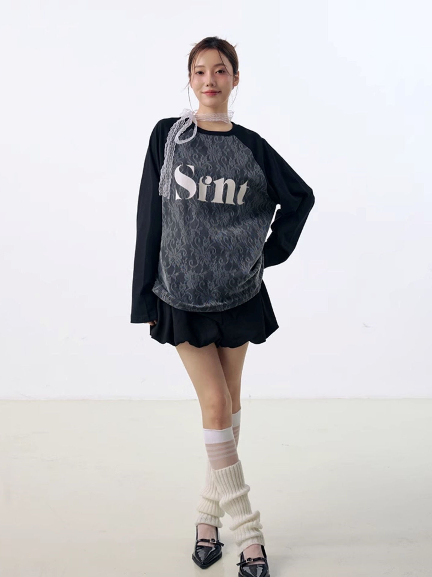 Lace stitching raglan long sleeve T-shirt_N82003