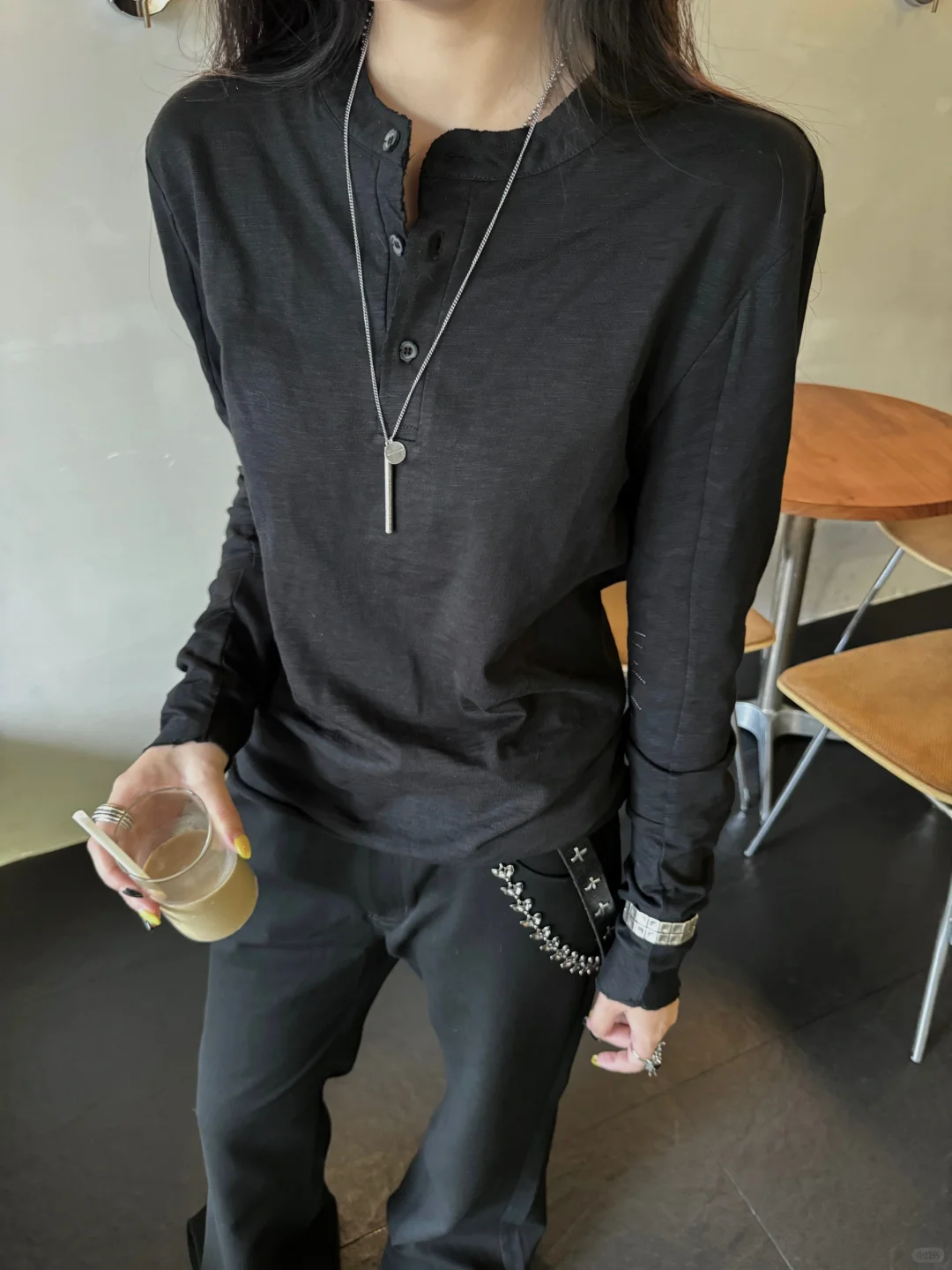 Bamboo henry collar long sleeve T-shirt_N81841