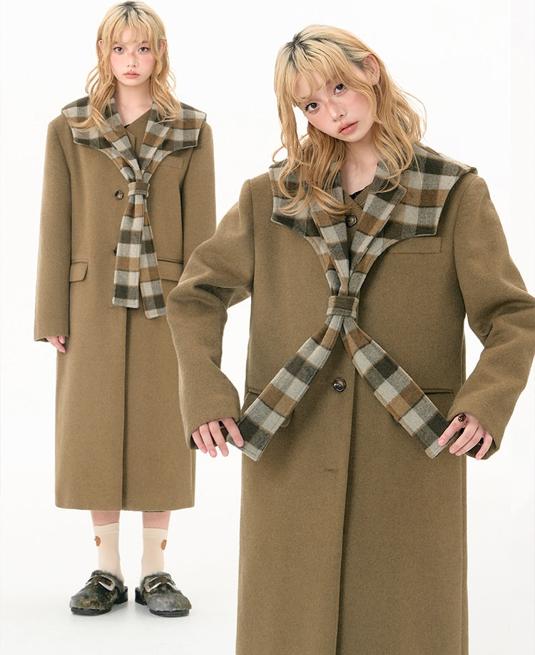 Plaid collar tweed long coat