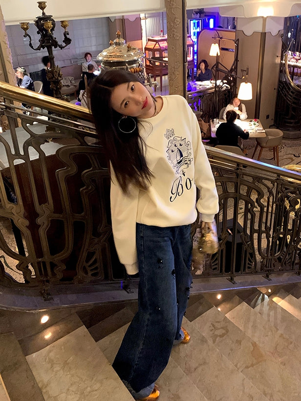 Embroidered loose pullover sweatshirt_N82077