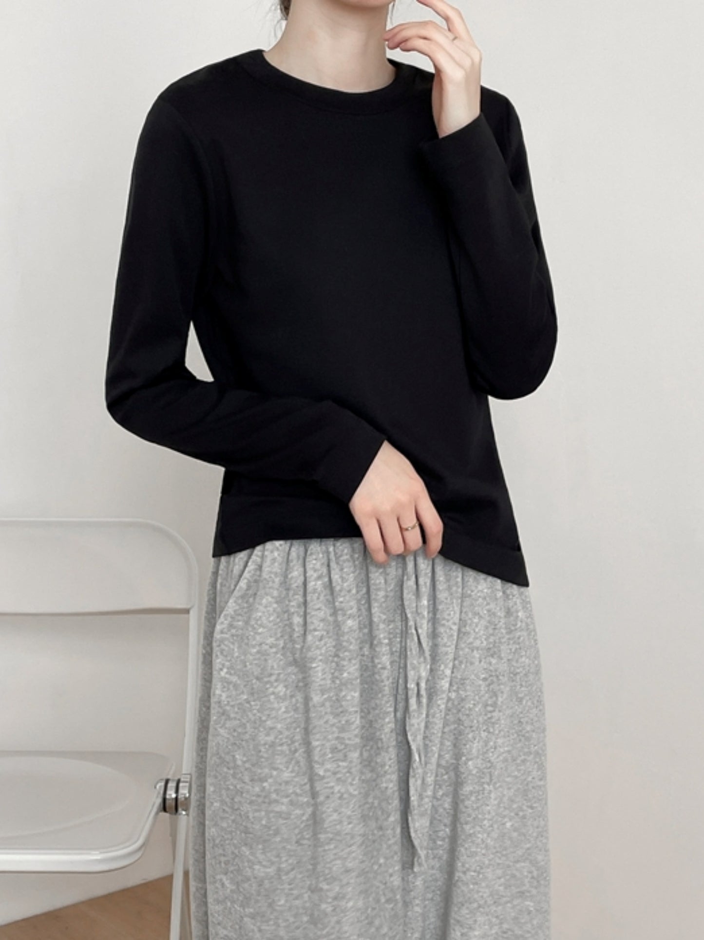 Simple crewneck long sleeved T-shirt_N81952