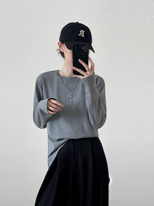 Simple crewneck long sleeved T-shirt_N81952