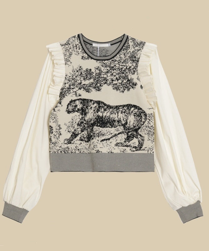 Ink painting print puff sleeve knitted sweater_N81966