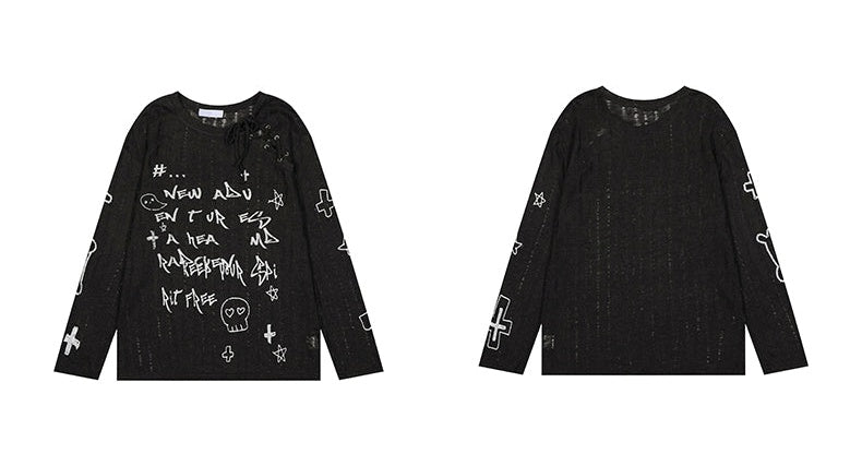 Cute skull seethrough long sleeve T-shirt_N81938