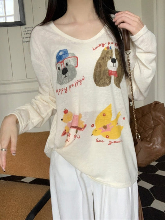 Cute dog print u-neck long sleeved T-shirt_N82012