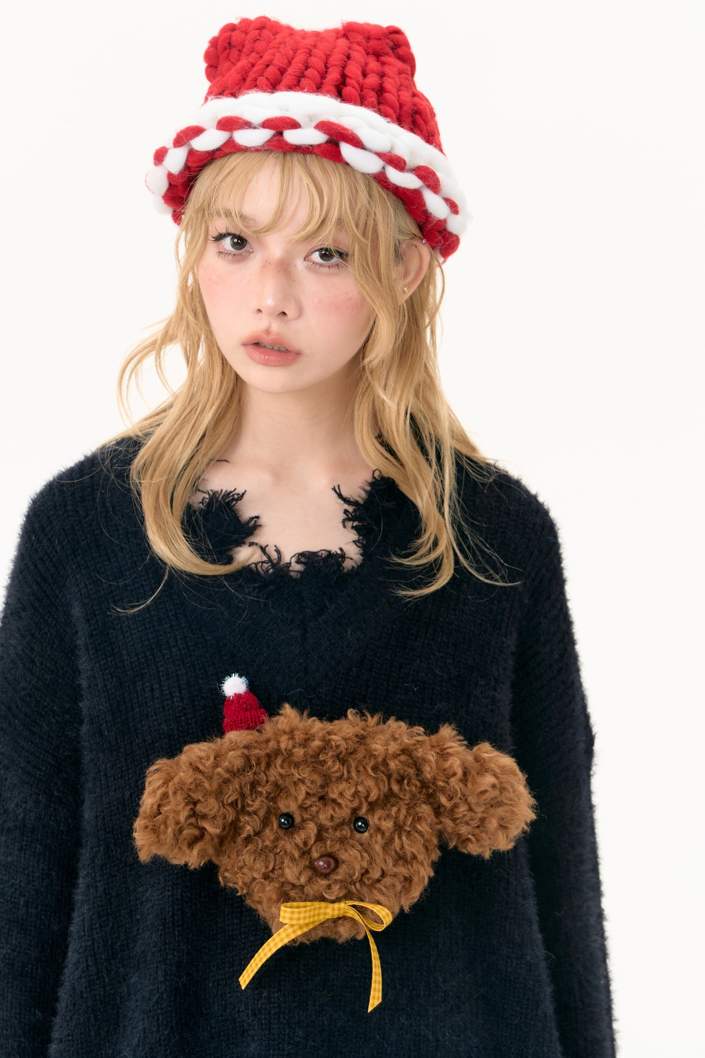 V-neck Santa hat puppy sweater