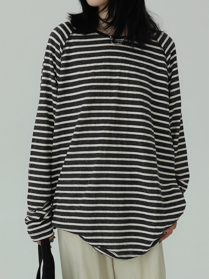 Stripe Round Neck Tops_N81897