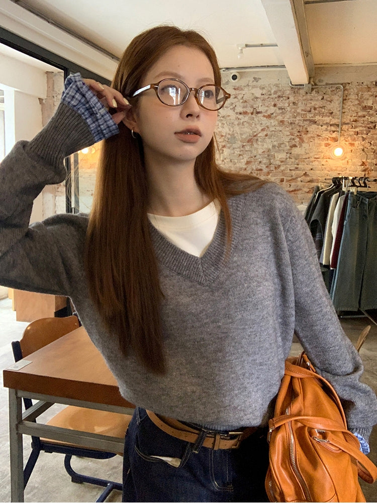 V-neck layered knit sweater_N82079