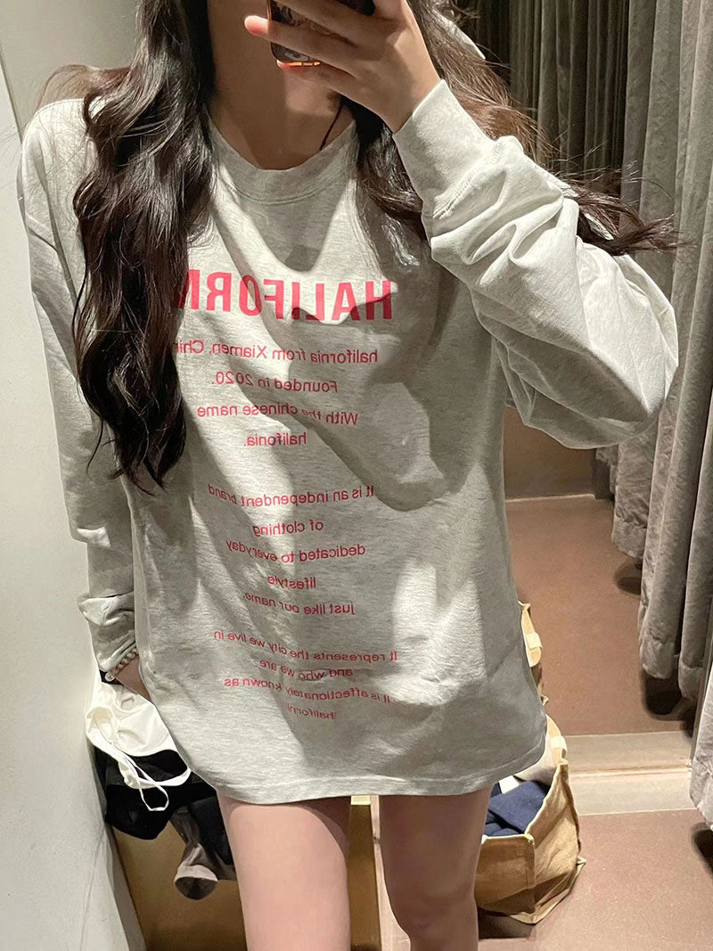 Letter print long sleeved loose T-shirt_N82059