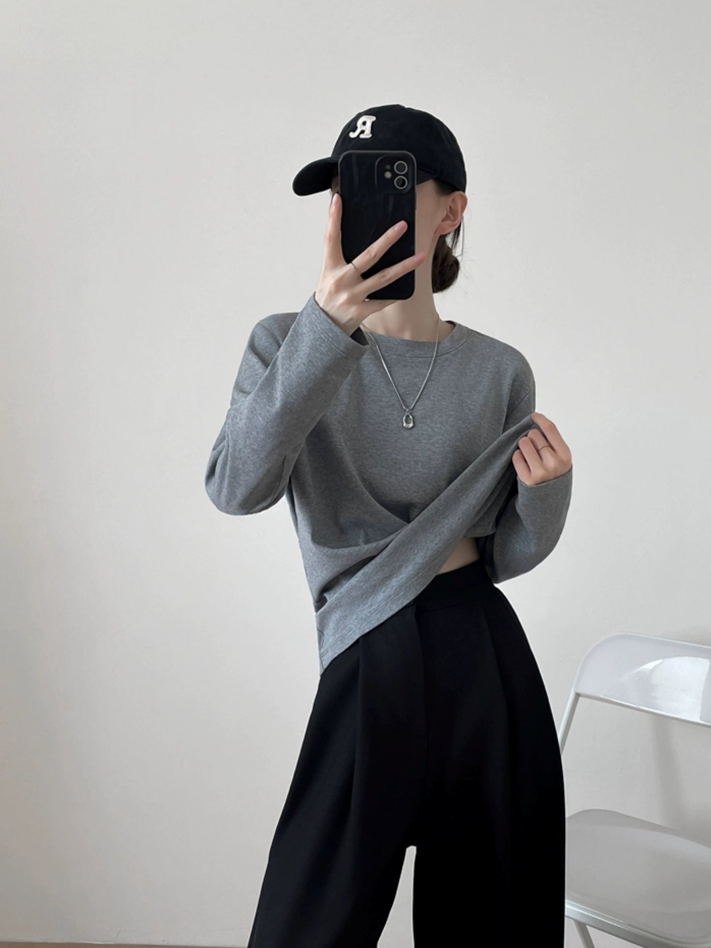 Simple crewneck long sleeved T-shirt_N81952