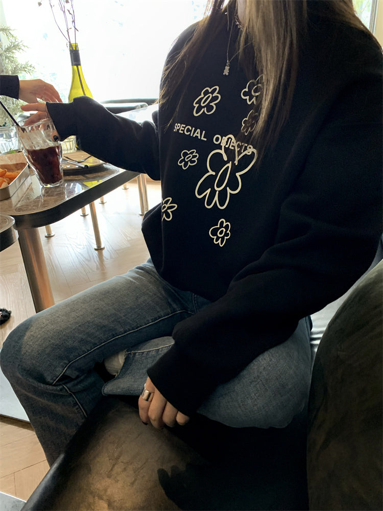 Flower printed velvet pullover sweatshirt_N82076