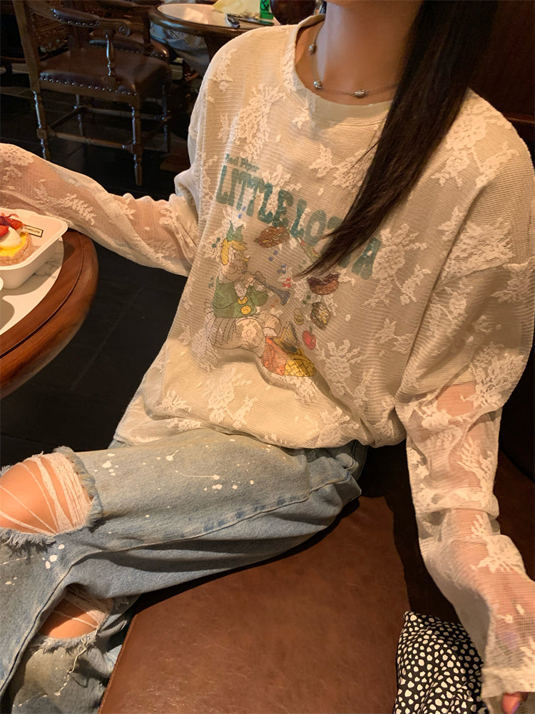 Lace layer design long sleeved t-shirt_N82066