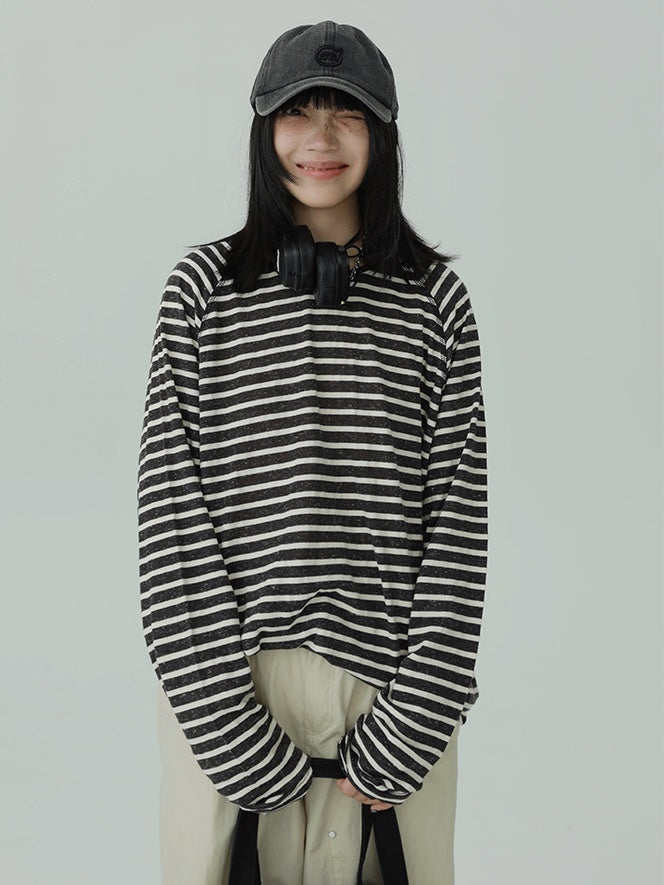 Stripe Round Neck Tops_N81897