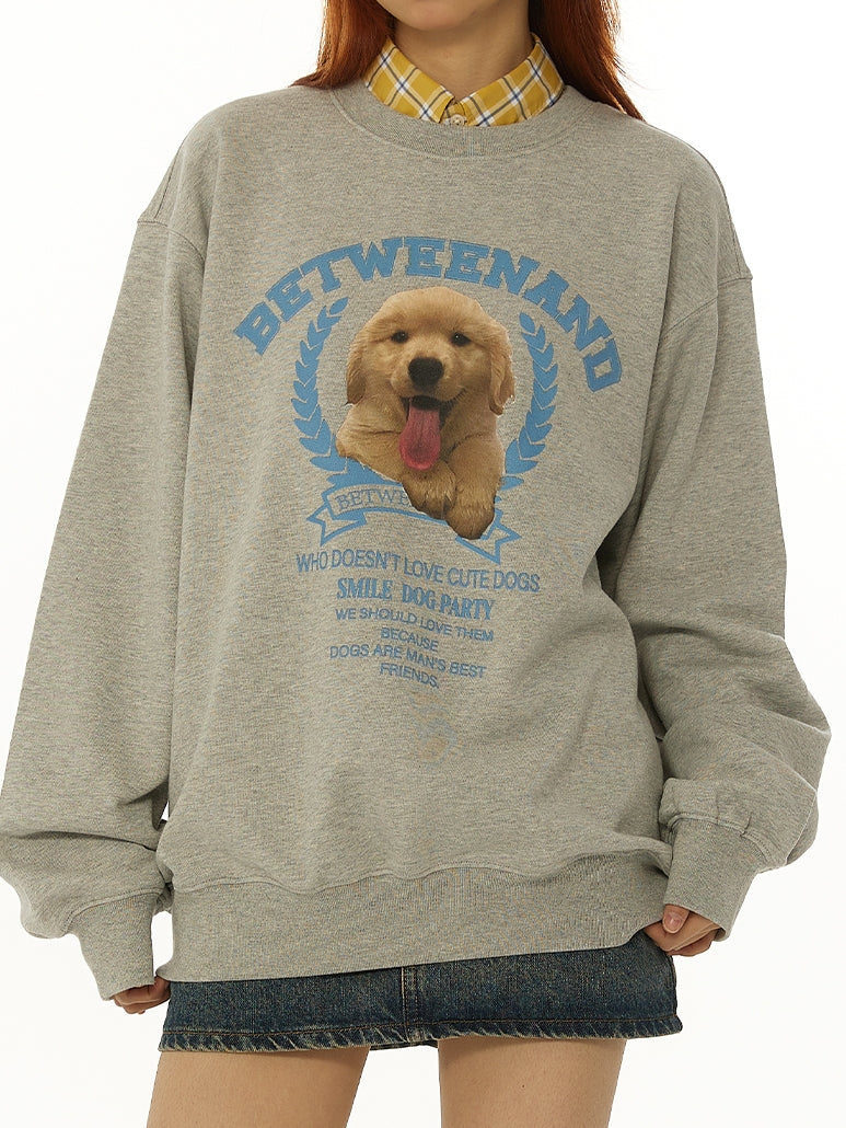 Cute puppy print loose pullover sweatshirt_N82070