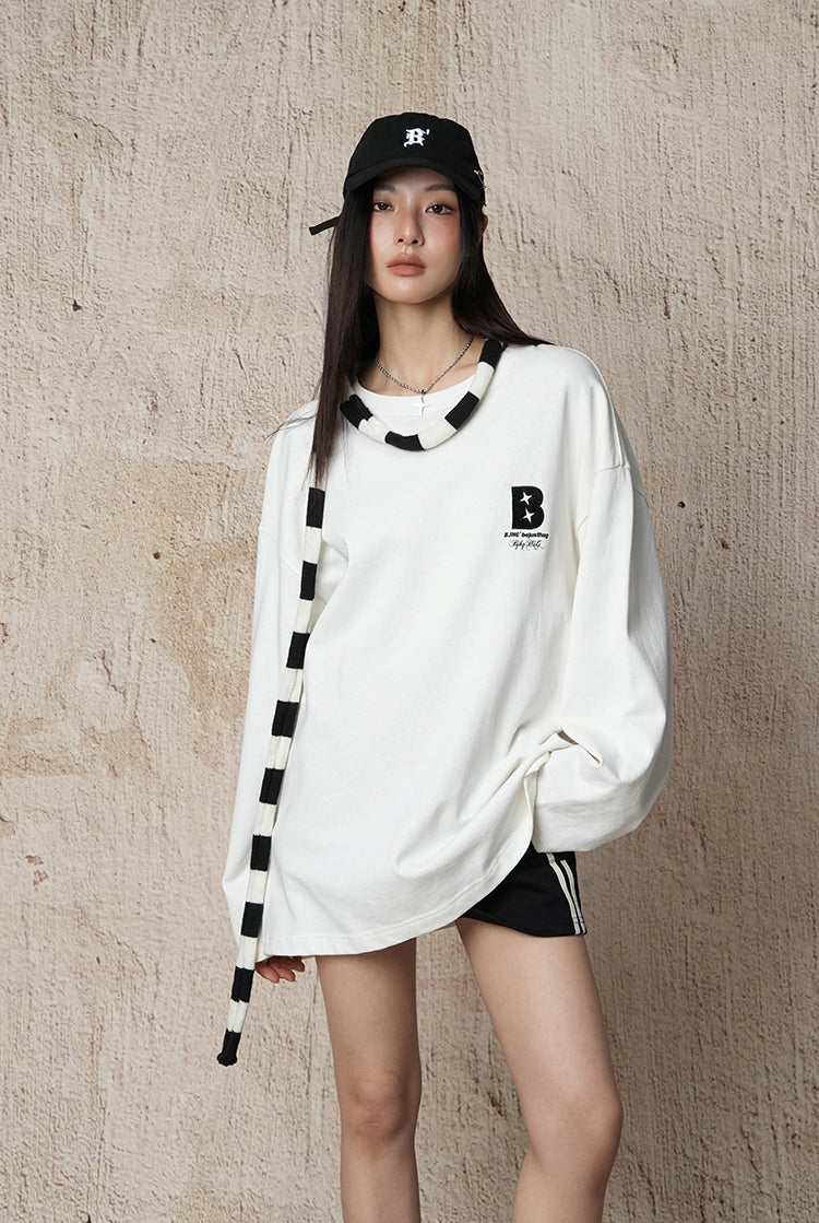 Cotton base round neck long-sleeved loose T-shirt_N82055