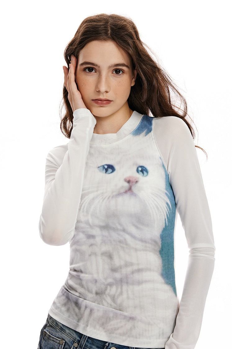 Cat print slim fit crew neck long sleeve T-shirt_N82005