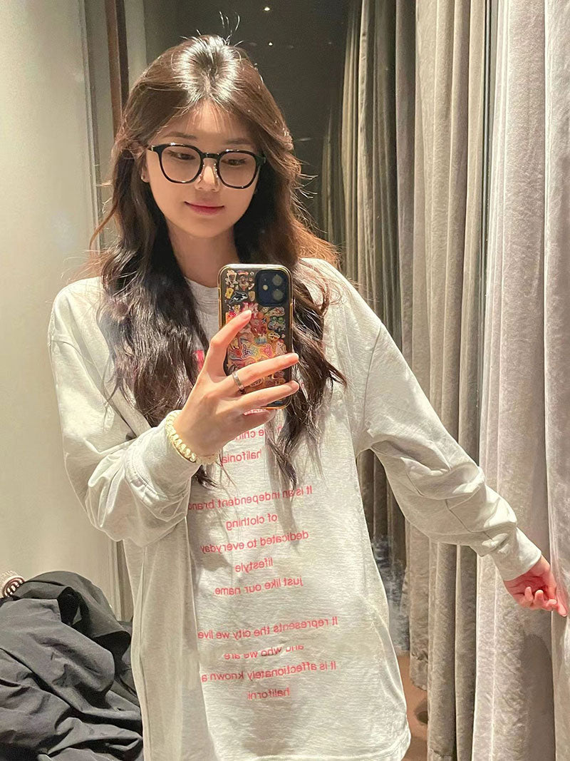 Letter print long sleeved loose T-shirt_N82059