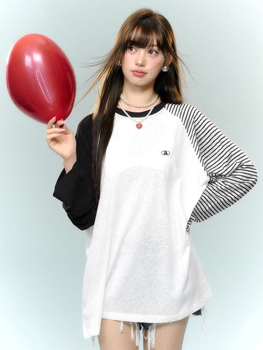 Raglan Sleeve Striped Loose T-Shirt_N81873