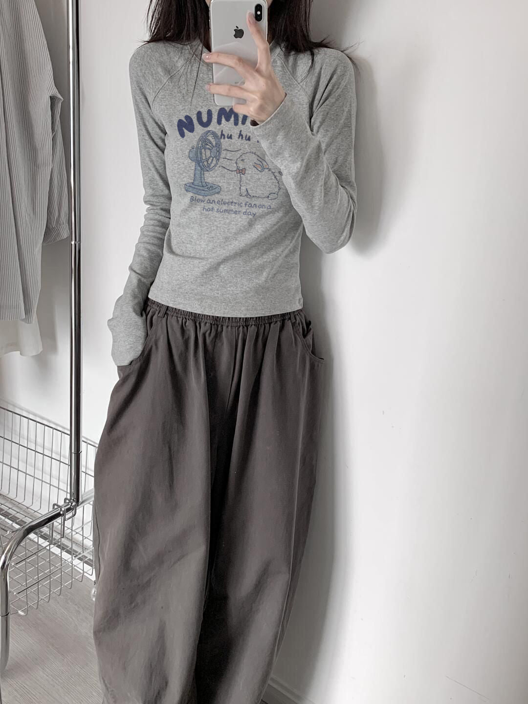 Gray slim top long sleeve T-Shirt_N81937