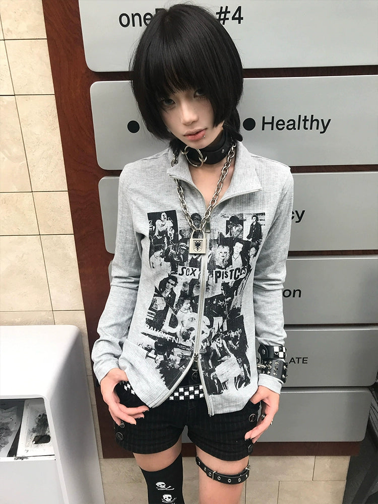 Rock band print double zip-up tops_N81947