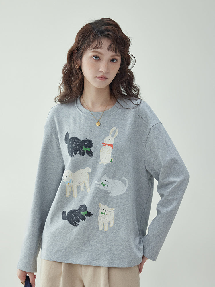 Sweet illustration print round neck long sleeve t-shirt_N82020