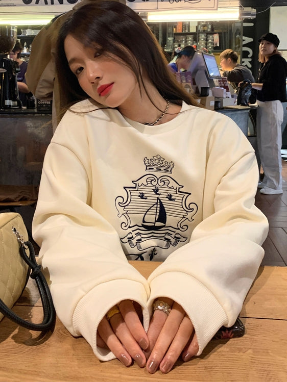 Embroidered loose pullover sweatshirt_N82077